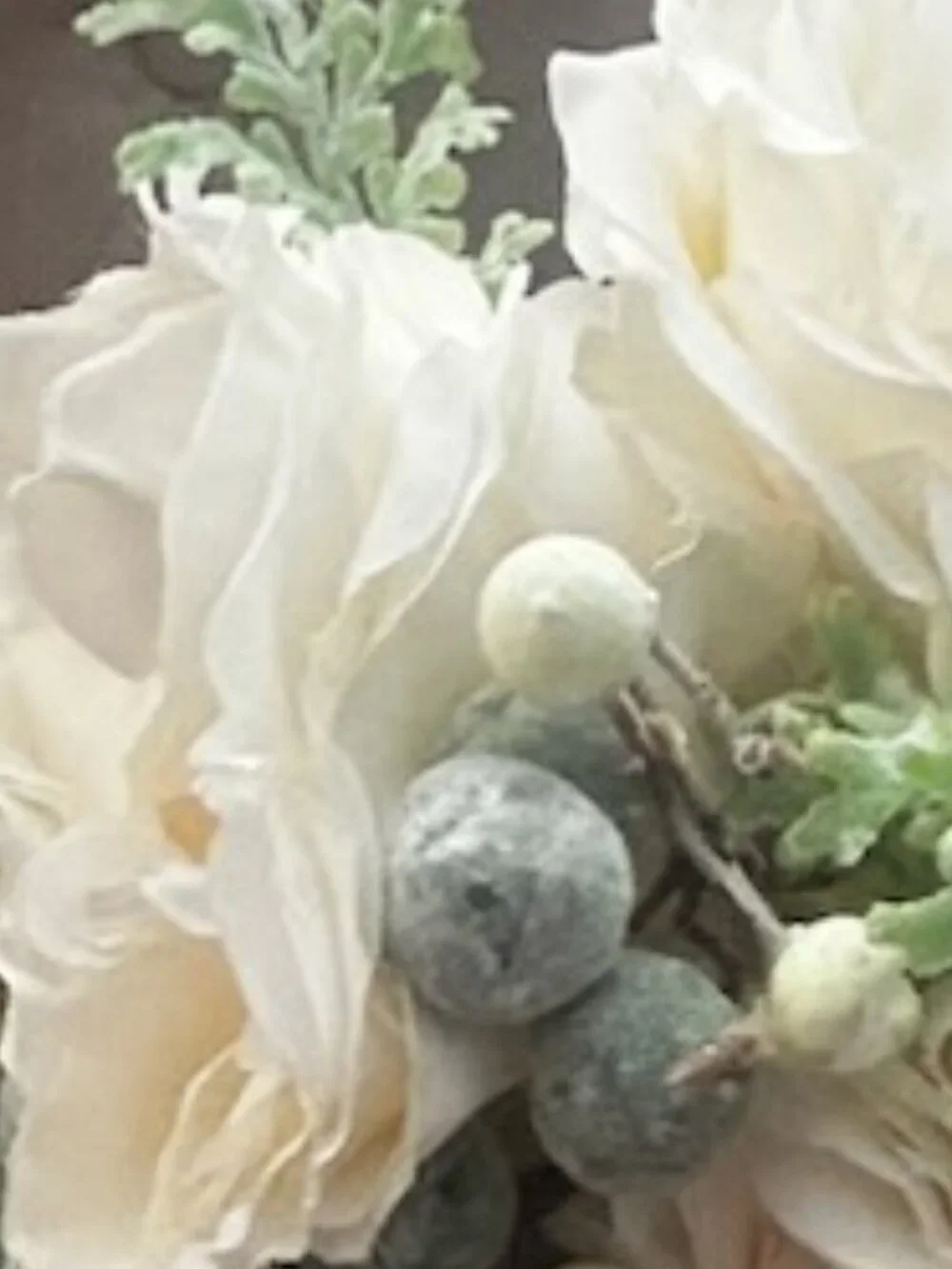 Delicate White Cream Bridal Bouquet With Berries and Greenery